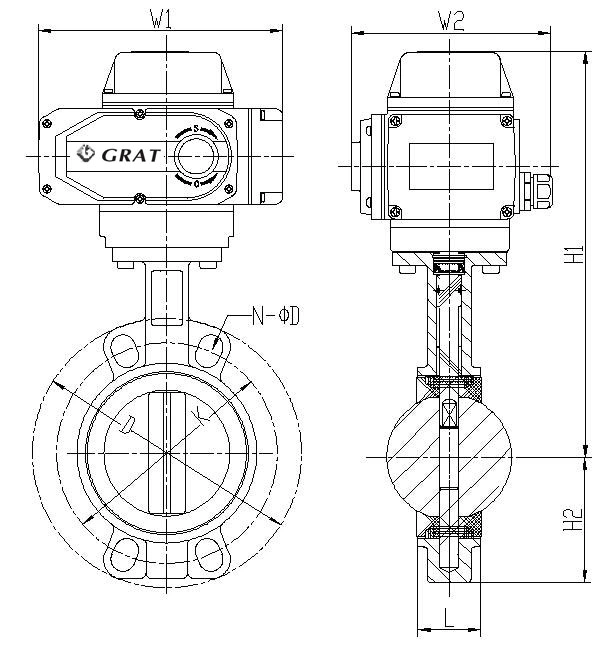 DC 24V 2 Inch Wafer Fluorine Electric Butterfly Valve On / Off Geri bildirim sinyali ile 1